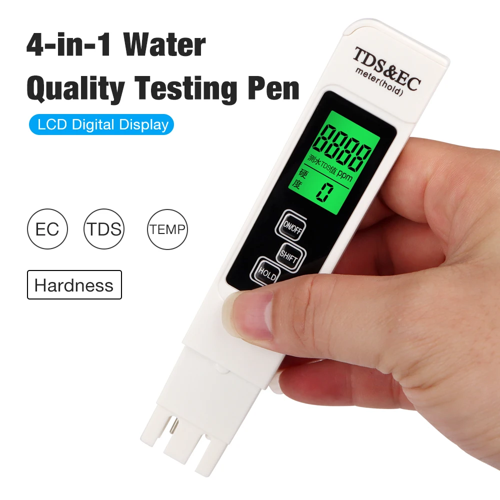 4 In 1 Water Quality Test Pen 0-9999 EC Meter TDS Conductivity Temperature Hardness Tester Digital Water Monitor for Pool Water