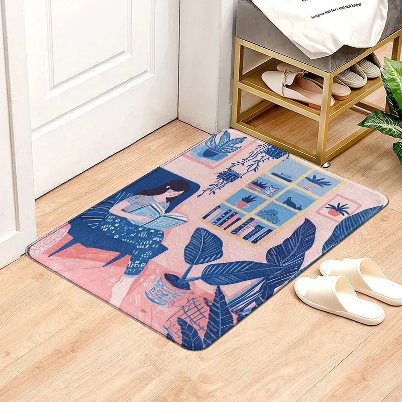 Literary Style Door Mat with Girl Reading and Plant Patterns Floor Mat for Home Entrance Decor Adding Cozy Vibe to Entryway
