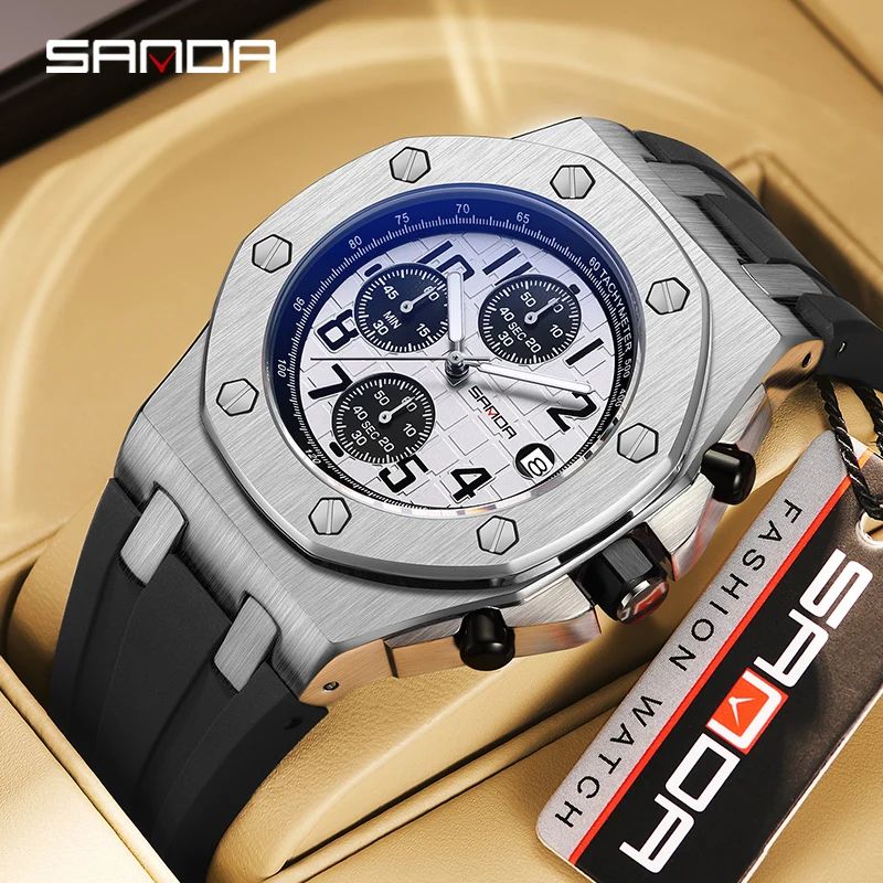 SANDA Top Brand Quartz Men Watch Fashion Three Eyes Six Needle Dial Design Multifunctional Waterproof Silicone Watches Men Watch