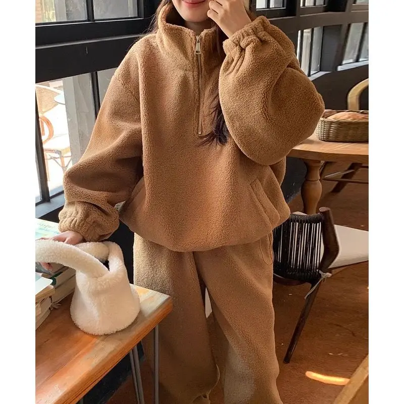 2023 Korean Spring Autumn Retro Lamb Fleece Standing Neck Zipper Drawstring Sweater+Elastic Waist Strap Casual Pants Set