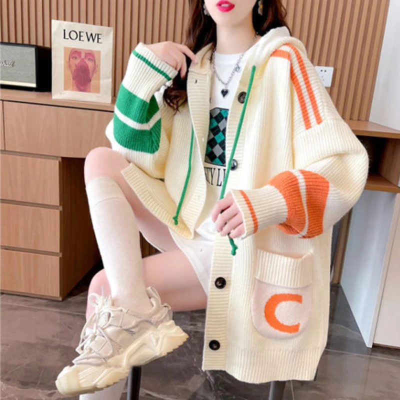 Korean Sweater Oversized knitwear Female Cardigan Spring Autumn Fashion Hooded Knit Pull Femme Casual Sweater Coat