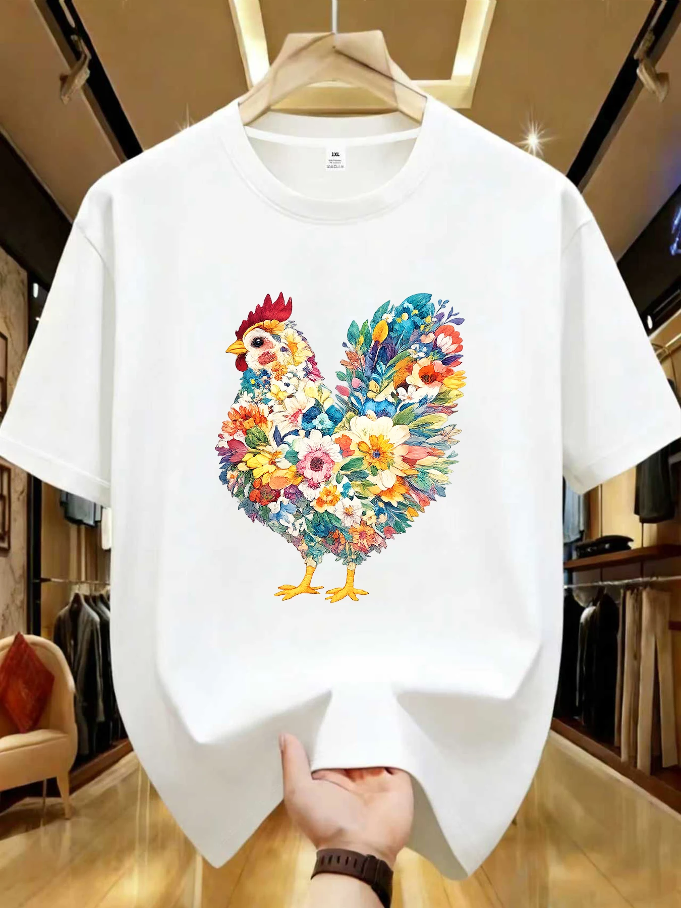 

【WDS01311】 Floral Chicken Rooster Graphic Plus Size Women's Printed Crew Neck T-Shirt Summer Casual Short Sleeve Street Style