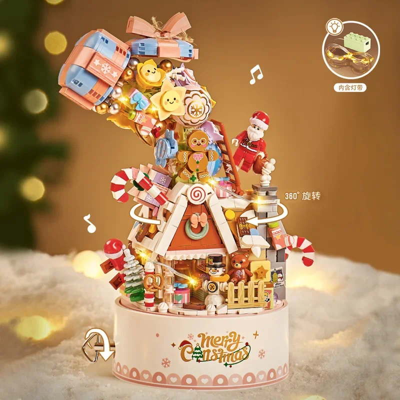 Loz-1957 Small Particle Building Blocks Stereo Music Box Assembly Toy Light Music Box Display Puzzle Christmas Decoration Gift