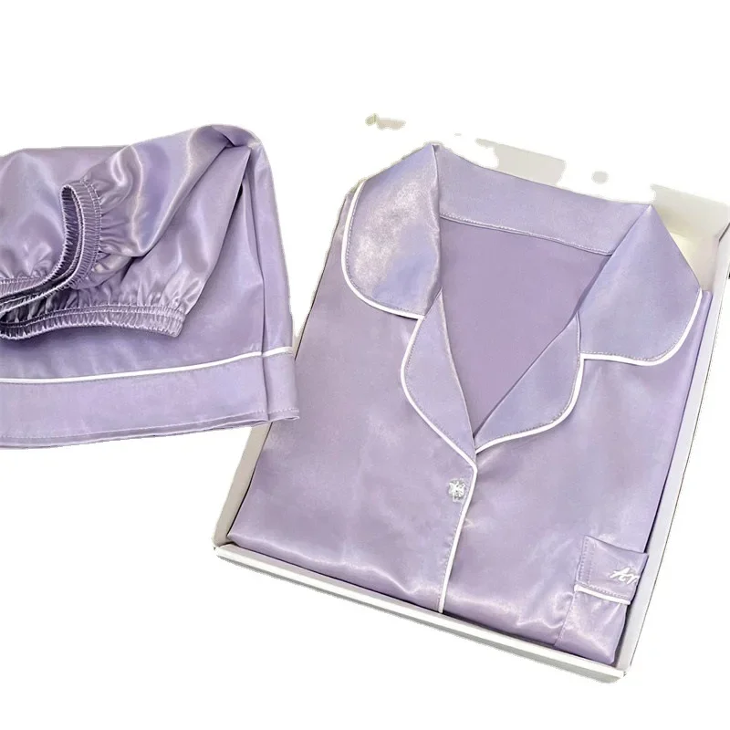 Conjuntos de pijamas de satén de seda sintética para Mujer, ropa de dormir de manga corta, Pijama de bolsillo sólido, ropa de casa para Mujer, primavera y verano, 2 piezas