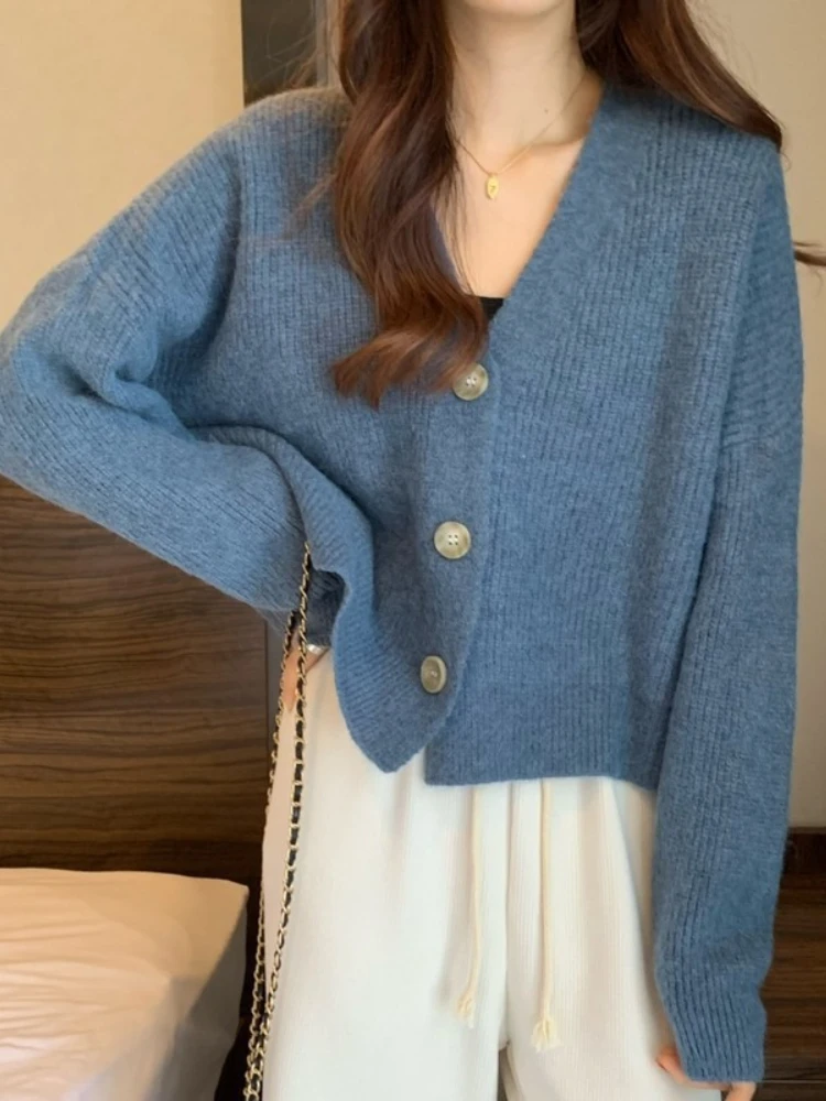 

Women's Long Sleeve Cardigan V Neck Button Down Knit Lady Autumn Spring Knitted Single-breasted Cardigan Korean Short Sweaters