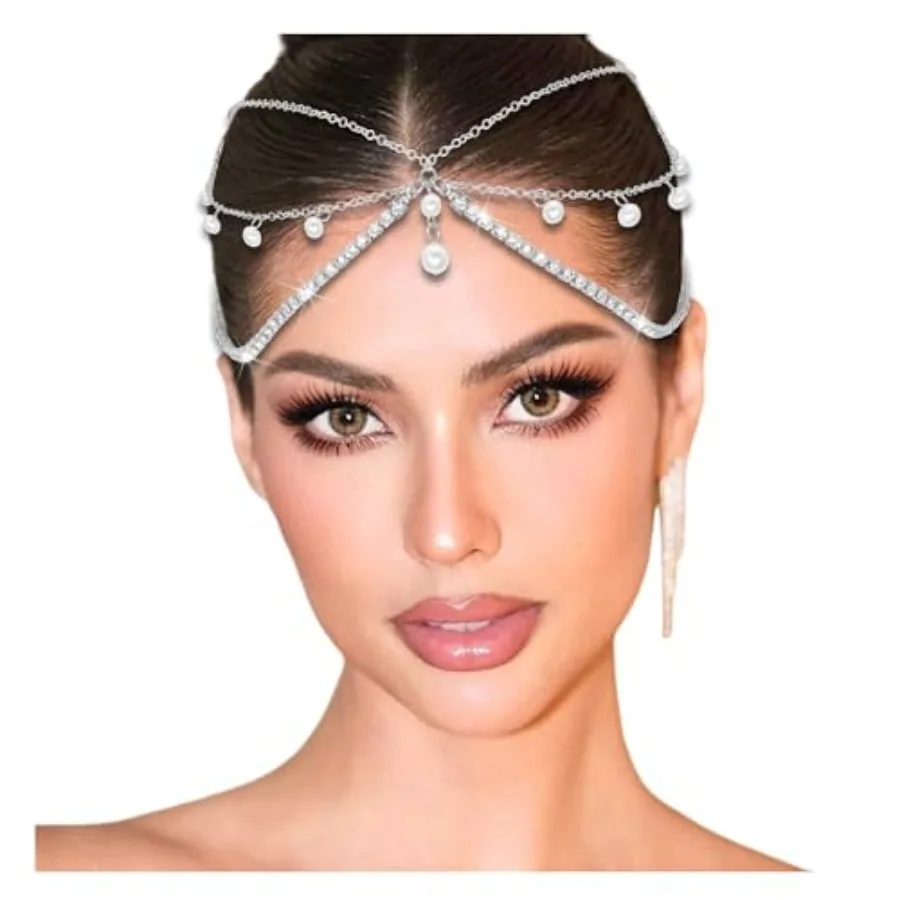 

Rhinestone Head Chain Pearl Tassel Headpiece Multi-Layer Headwear Forehead Jewelry for Women and Girls Bridal Wedding Goddess P