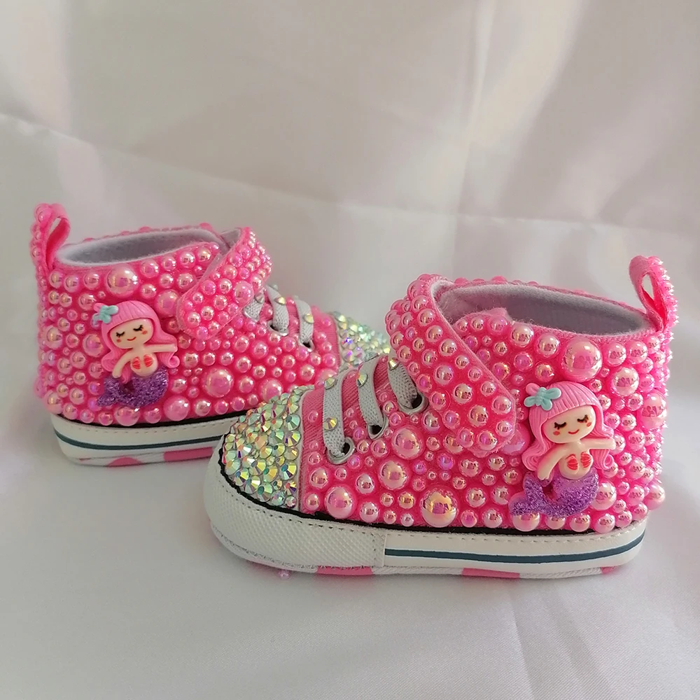 Handmade Bow Pearl Rhinestones Baby Girls Shoes Hairband First Walker Sparkle Christmas Mermaid Crystals Princess Shoes Shower