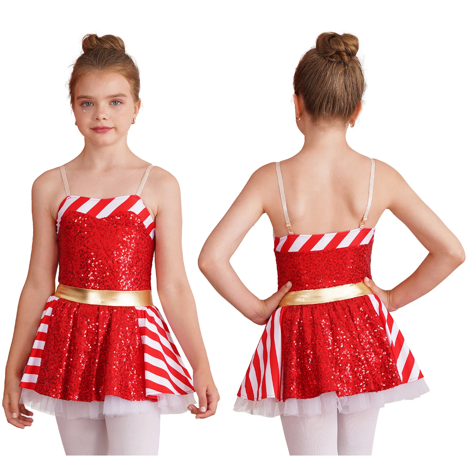 

Kids Girls Santa Claus Costume Christmas Dress Striped Sequin Adjustable Straps Tulle Tutu Skirt Jumpsuit Dress Party Dancewear