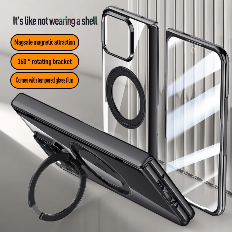 For Google Pixel 11Pro Fold 360° Swivel Alloy Bracket Magnetic & Bracket & Ring 3-in-1 Tempered Glass Film Anti-Drop Phone Case