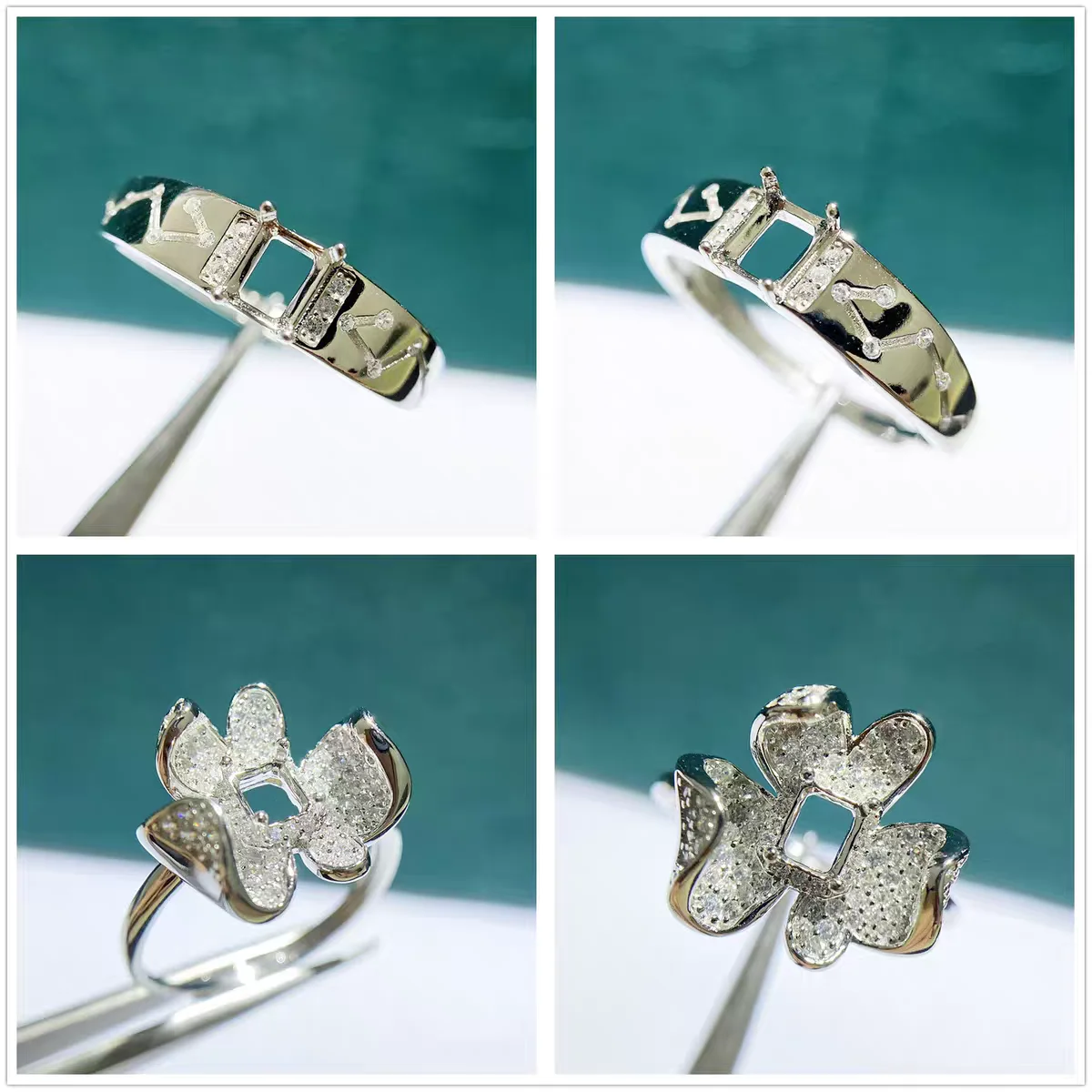 

MeiBaP 4*5mm Rectangle Stone 925 Sterling Silver Colorful Zircons Ring Holder DIY Empty Support for Women Fine Charm Jewelry