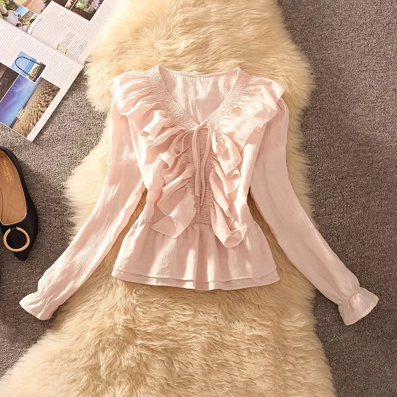 French Ruffled V-Neck Horn Sleeve Shirt Autumn New High Quality Fashion Bow Lace-Up Slim-Fit Sweet Commuter Top Shirts Women