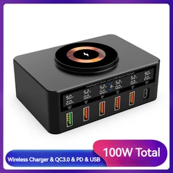 100W Multi USB PD Charger For iPhone Xiaomi Samsung Magnetic Wireless Charging QC 3.0 LCD Display Fast USB Charger Station