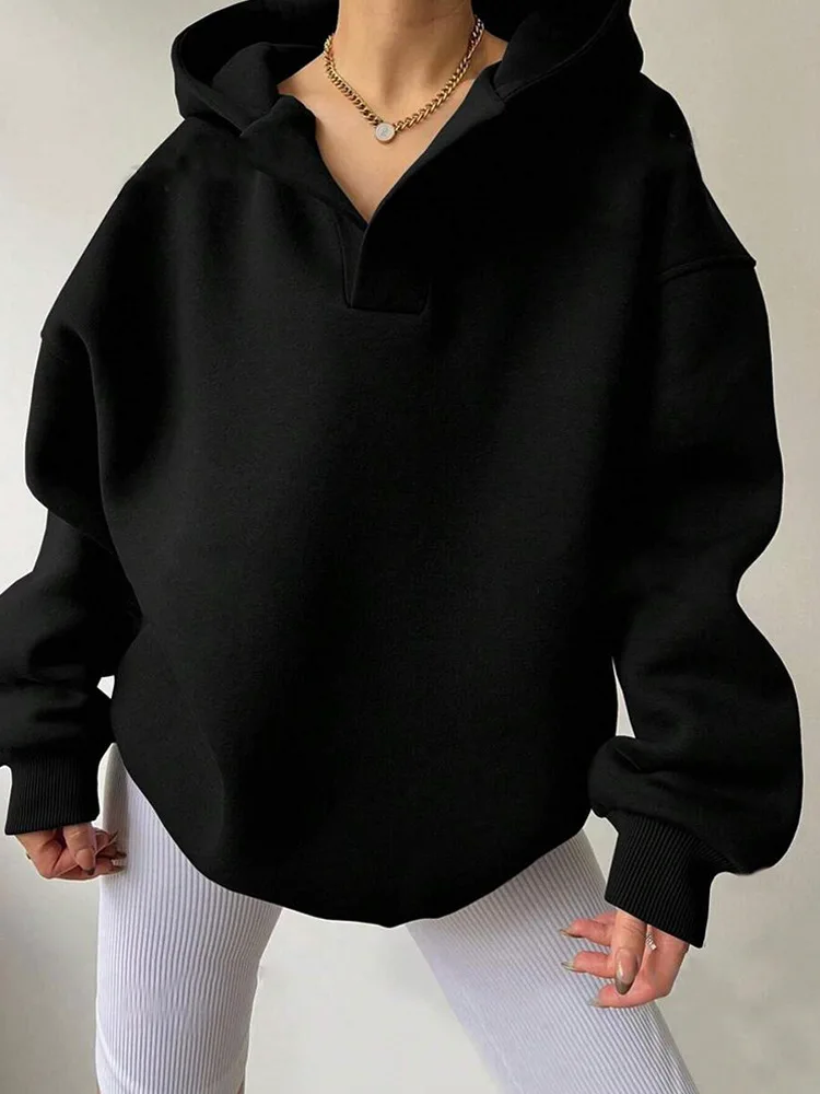 Lässige, übergroße, langärmlige Fleece-Sweatshirt-Kapuzenpullover für Damen mit Taschen