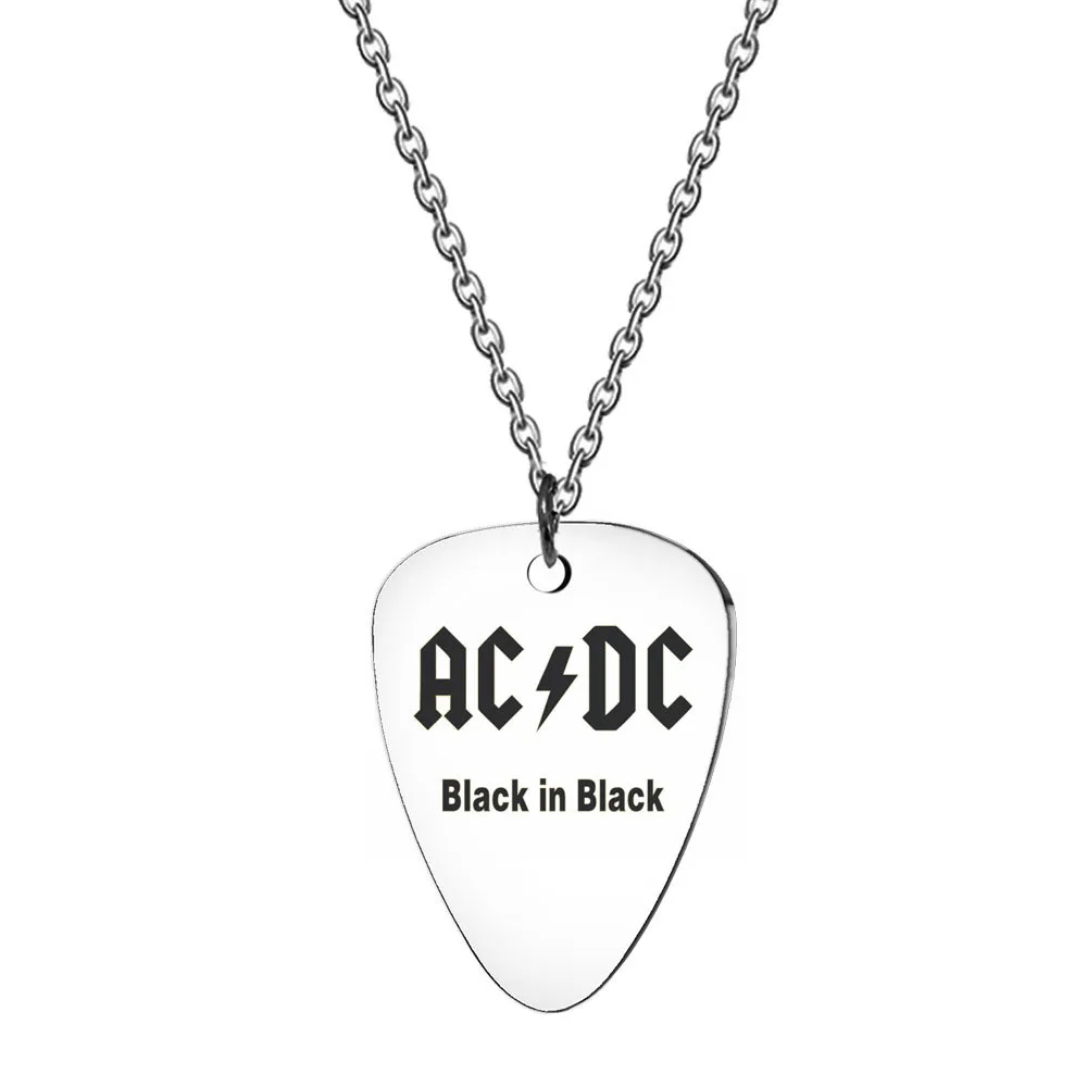 AC DC Guitar Picks Stainless Steel Pendant Necklace Keychain Rock Band Guitar Men's Punk Jewelry image 3