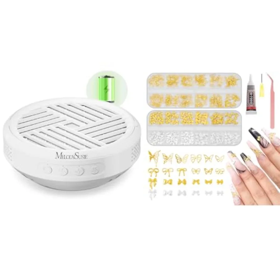 Cordless Nail Dust Collector with 3D Nail Charms and Gems for Salon Use White with Gold Accents Efficient Dust Extr
