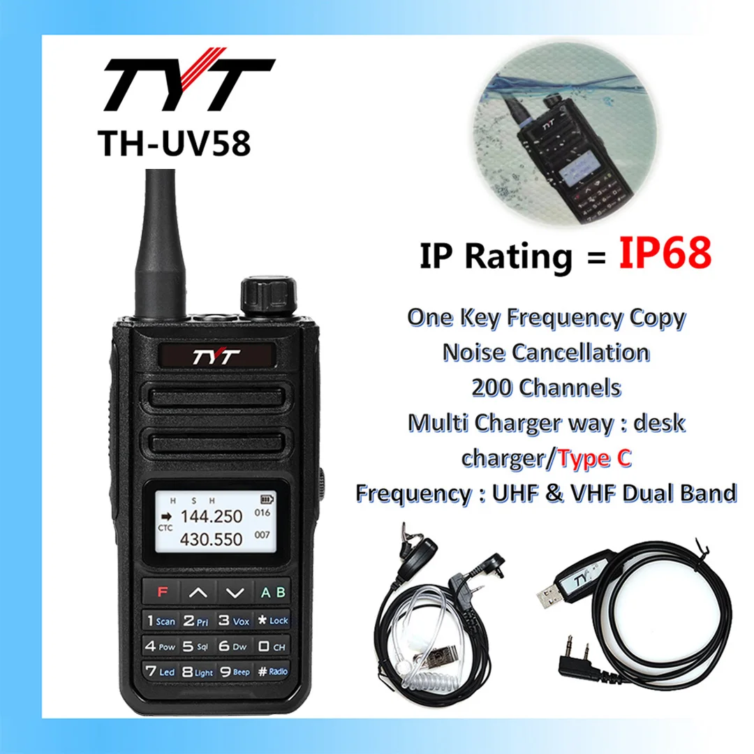 TYT Nuovo Walkie Talkie 10W IP68 Radio impermeabile TH-UV58 200 canali VHF/UHF Tipo C Ricarica UV-99 Serie 3200mah Walkie Talkie