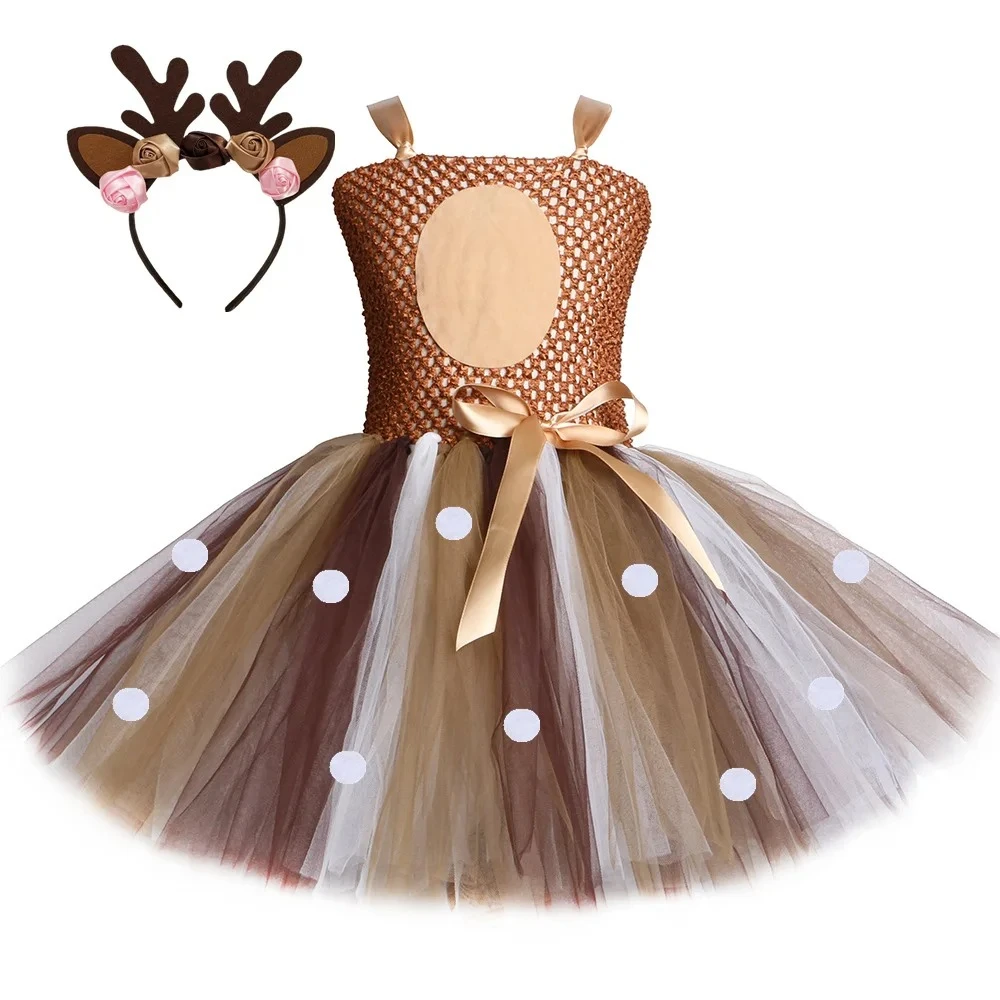 

Christmas Brown Bow Decoration Sleeveless Cute Baby Girls' Dresses with Polka Dot Print Mesh Tutu Dress + Cartoon Headband