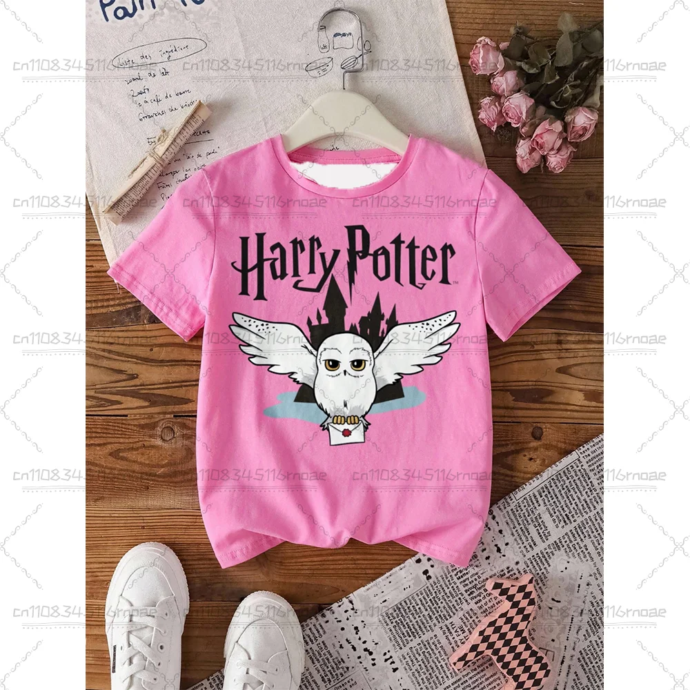 Camiseta de Manga Corta Holgada con Estampado 3D de Búhos de HARRY POTTER para Niñas, Camiseta Informal de Verano con Cuello Redondo para Niños/Adultos