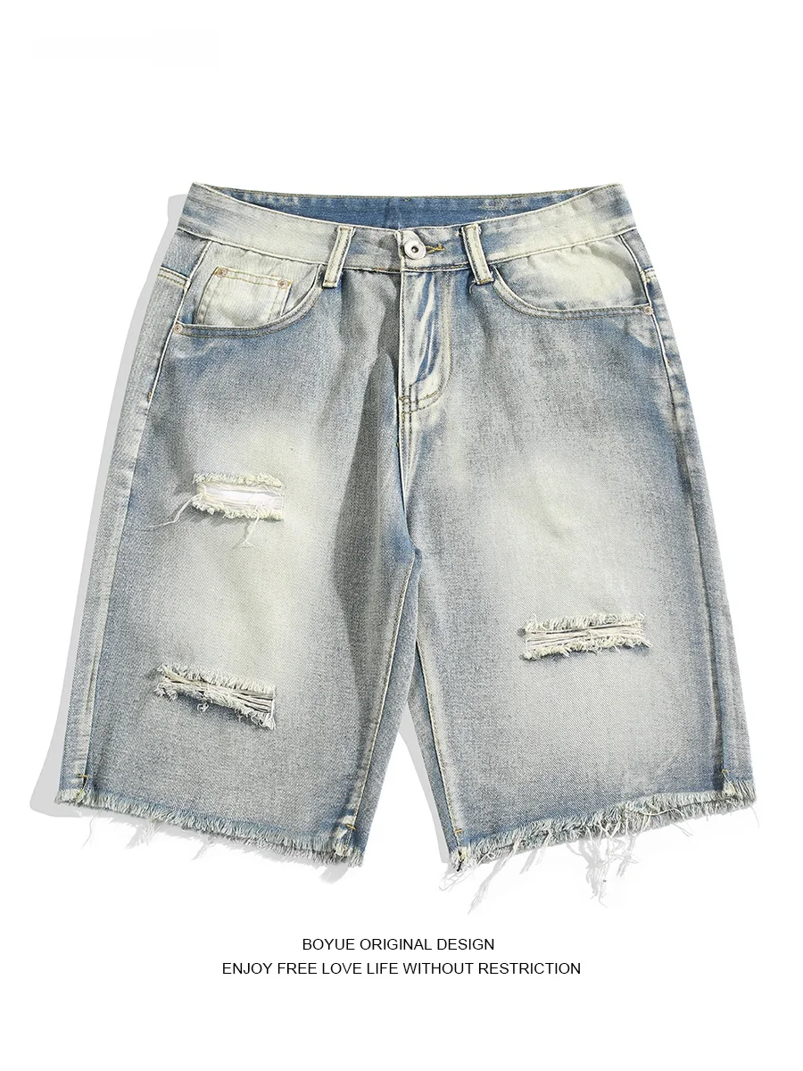 

Boyue American Sle Personali Hole Denim orts Teenagers Summer High Street Pauper Trend Five-Point Pants Casual Wear