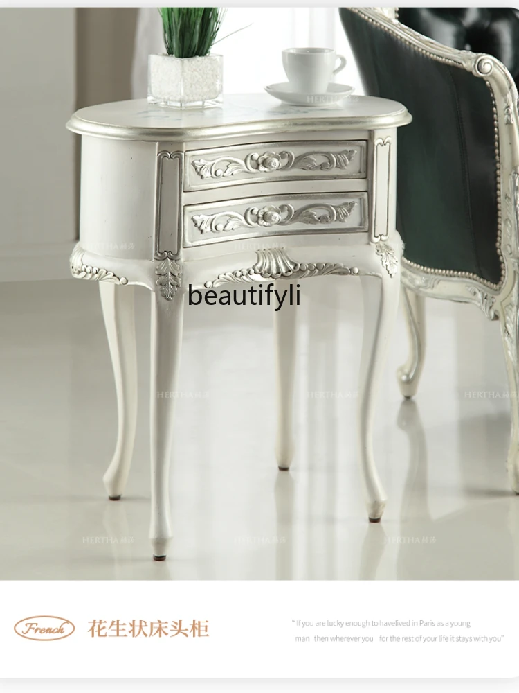 Simple French Elegant White Drawing Silver Bedside Table Solid Wood Bedroom Furniture European Style Bedside Cabinet