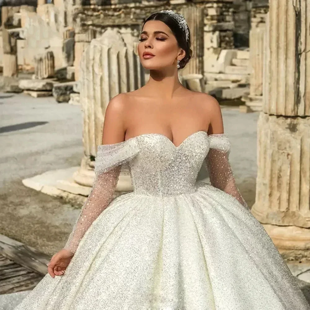 

customized Luxury Dubai Wedding Dresses For Women Sequins Beading Made Long Sleeves Bridal Ball Gowns Vestidos De Novia 2025