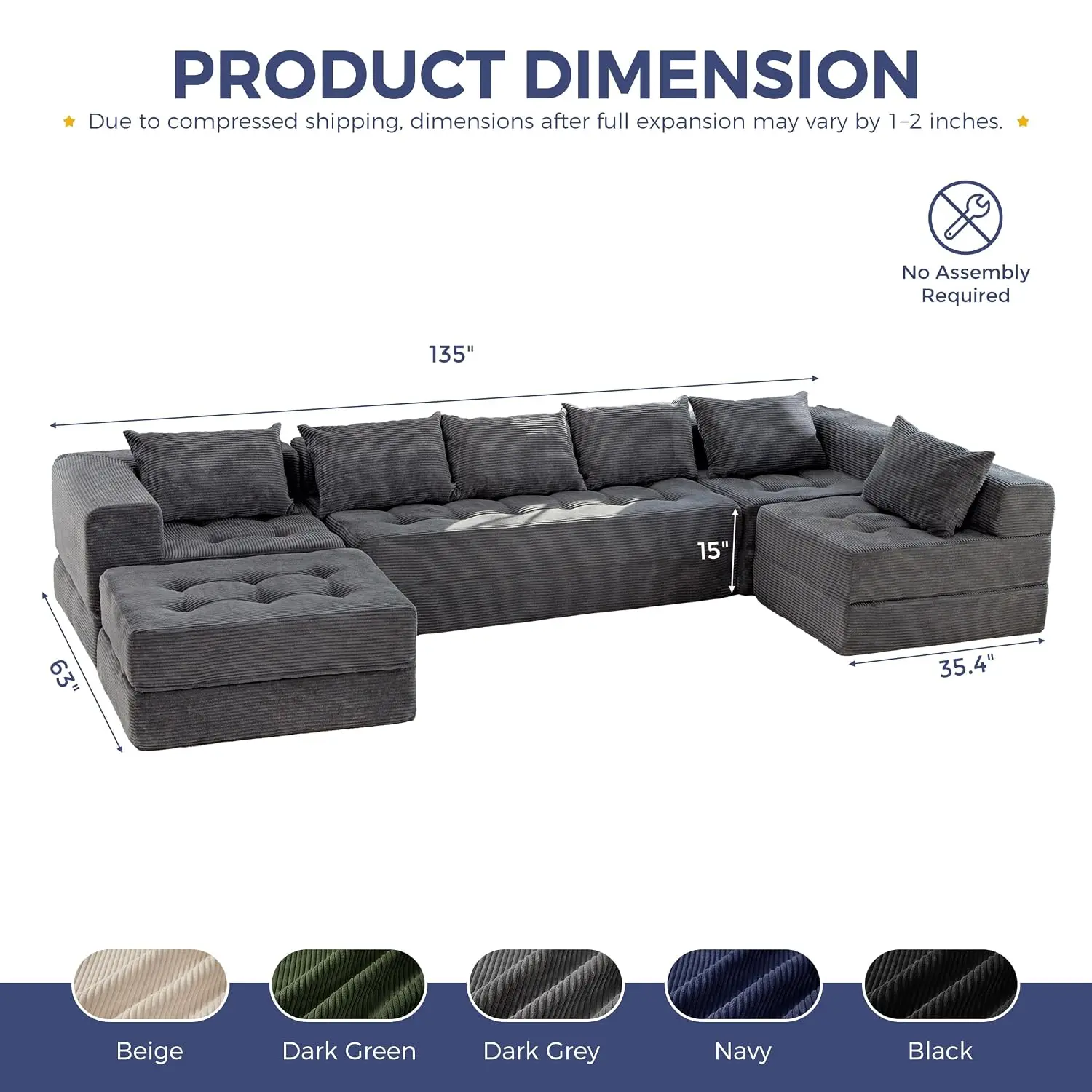 7-Seater U-Shaped Modular Sectional Sofa Couch with Ottoman, Custom