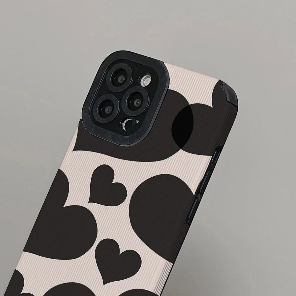 Fashion Black Love Heart Leather Silicone Case For iPhone 15 11 12 14 Pro Max 13 Mini SE 7 8 Plus X XS XR Shockproof Full Cover
