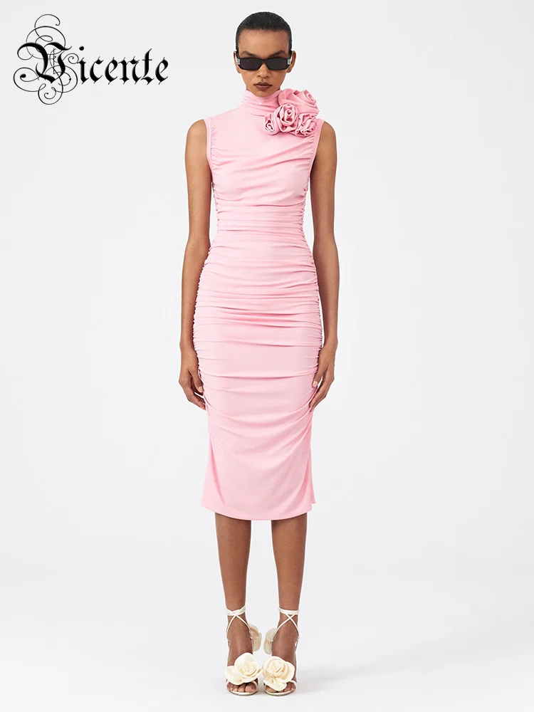 

VC Pink Elegant Dresses For Women High Collar Flowers Design Sleeveless Draped Midi Dress Fashion Party Vestidos