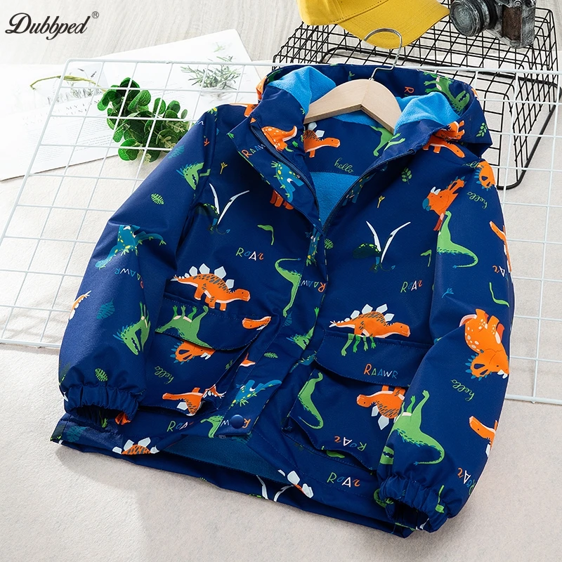 Dubbped Kids dinosaur Jacket Boys Waterproof Boy\'s Detachable Hat Design Coat Windbreaker Outerwear Polar Fleece Windproof Cloth