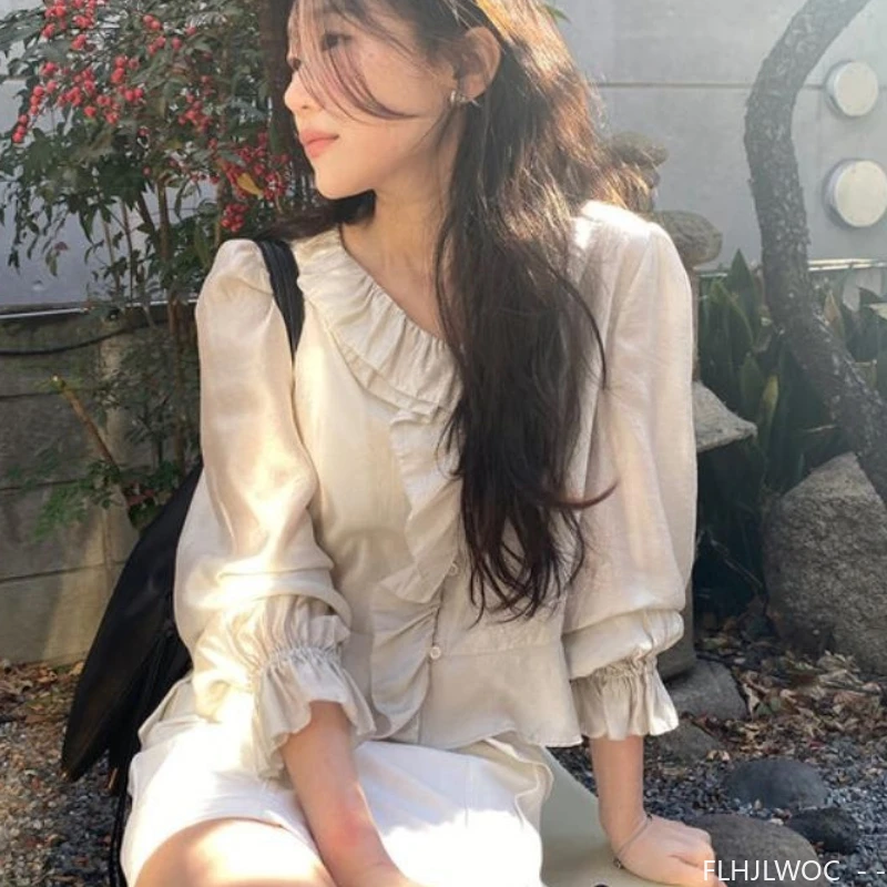 짧고 얇은 투명 탑 블라우스 새로운 패션 여성 일본 소녀 귀여운 레트로 빈티지 러플 탑 프레피 스타일 기본 셔츠