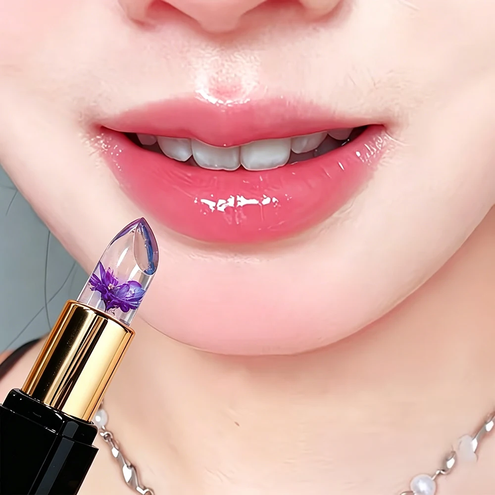 HISYI Crystal Crystal Color Changing Petal Lipstick, bálsamo labial en gel, maquillaje labial brillante hidratante de larga duración que no se pega a la taza para mujeres
