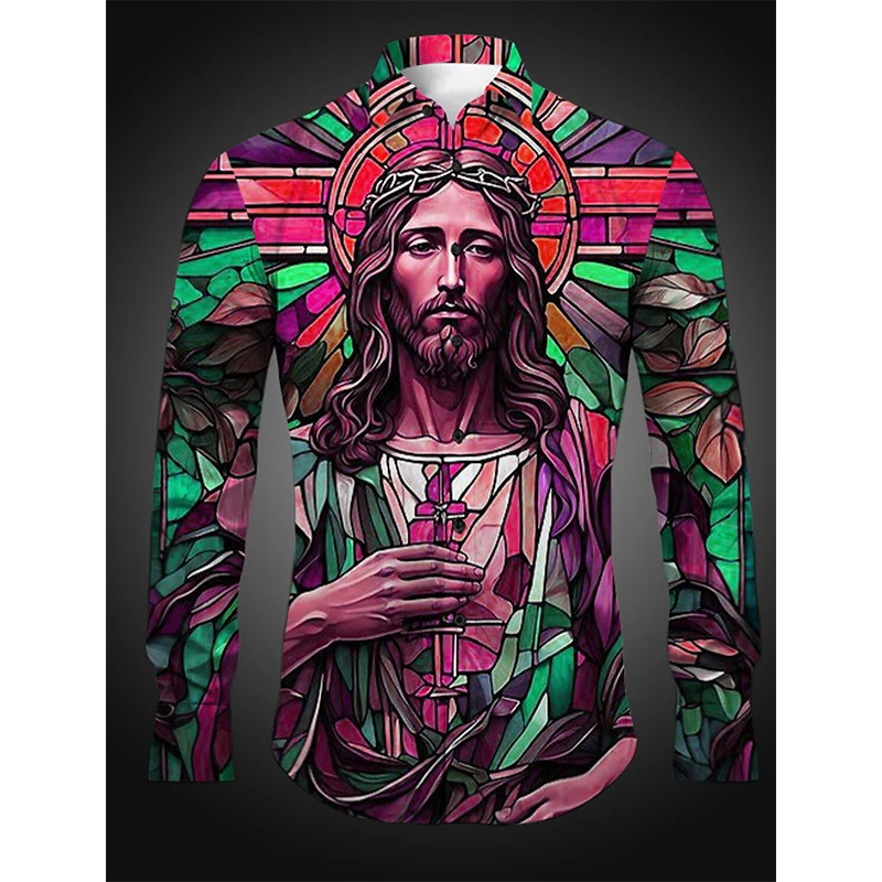 

3D Print Jesus Artistic Abstract Shirts For Men Casual Long Sleeve Button Down Jesus Shirts Blouse Streetwear Camisas Masculinas