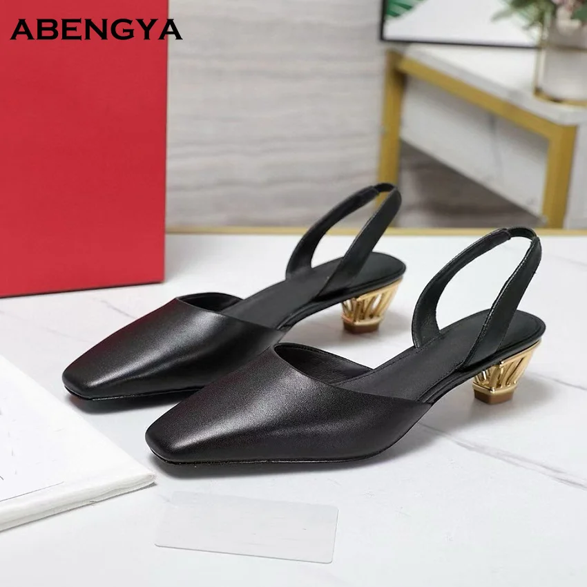 

Designer Black Leather Kitten Heels Slingback Shoes Woman Elegent Mules Dress Shoes Summer Party Vacation Shoes For Women