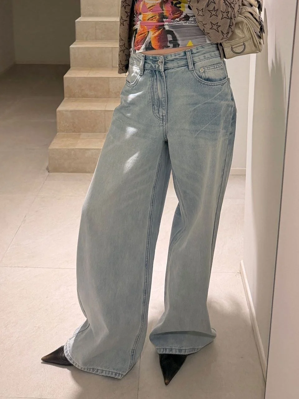 

High Waist Loose Straight Leg Floor-Length Light Blue Denim Jeans Women's Spring New Style Washed Casual Trousers