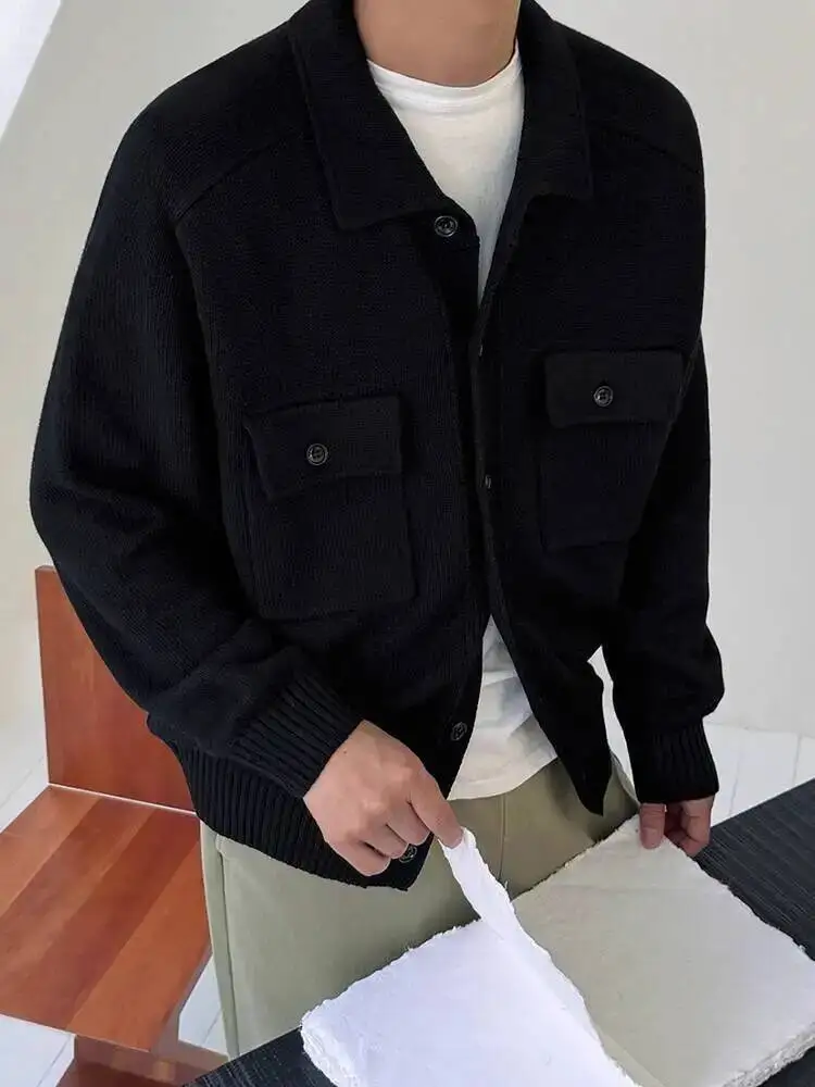 

2025 корейский стиль, мужской кардиган, однотонный отложной воротник, двойной карман, свободные однобортные вязаные мужские свитера