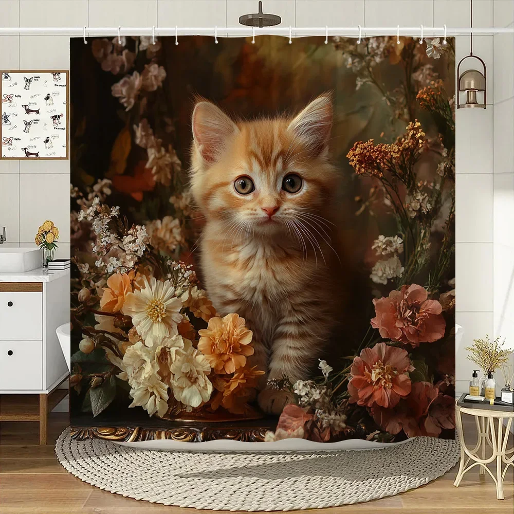 

Vintage Style Cute Cat Shower Curtain Watercolour Blooming Flowers Polyester Fabric Home Bath Curtains Bathroom Decor with Hooks