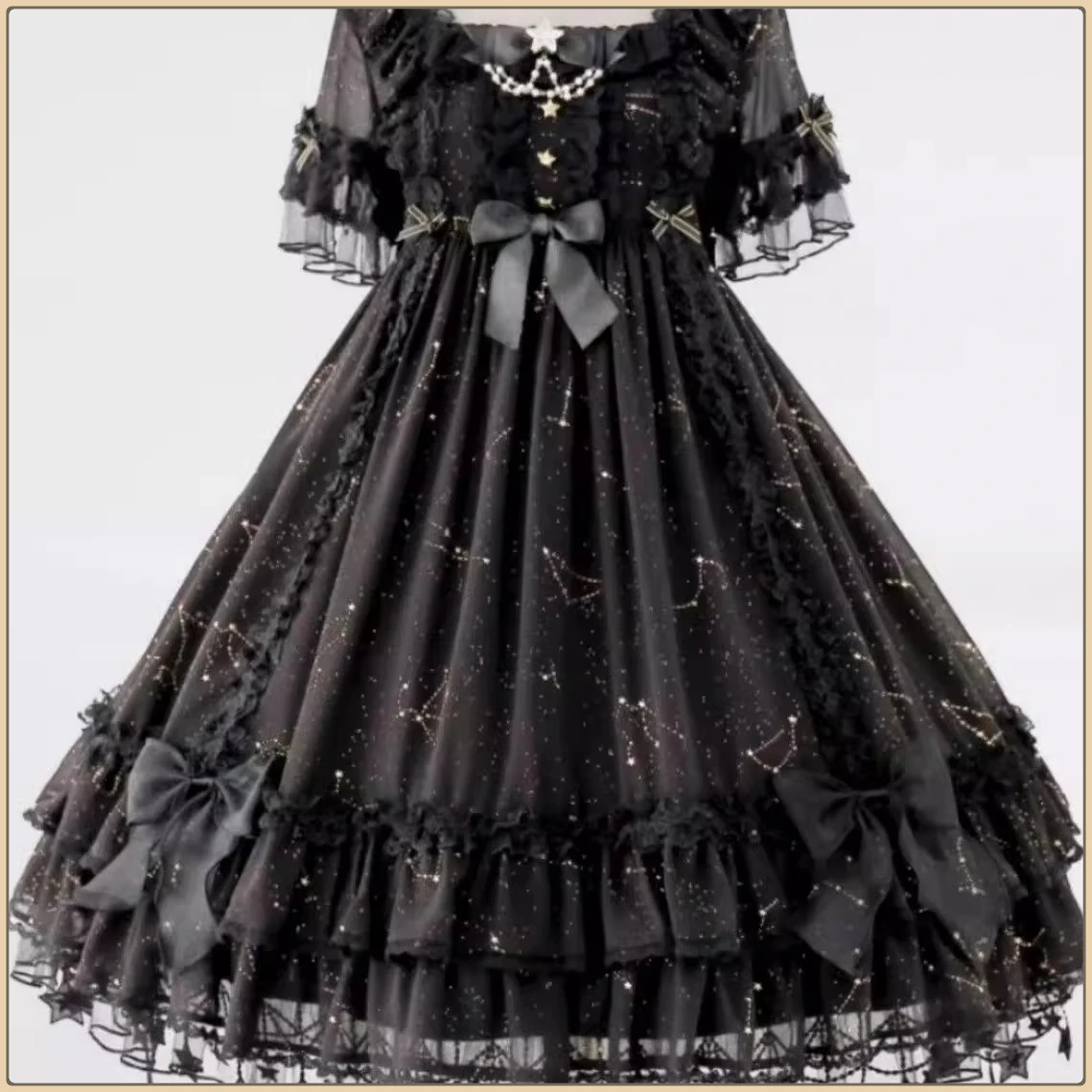 Lente Zomer Zware Industrie Strik Ruches Vierkante Hals Lolita Jurken Zoete Meisjes Hoge Taille A-lijn Veelzijdige Leeftijdsreductie Jurk