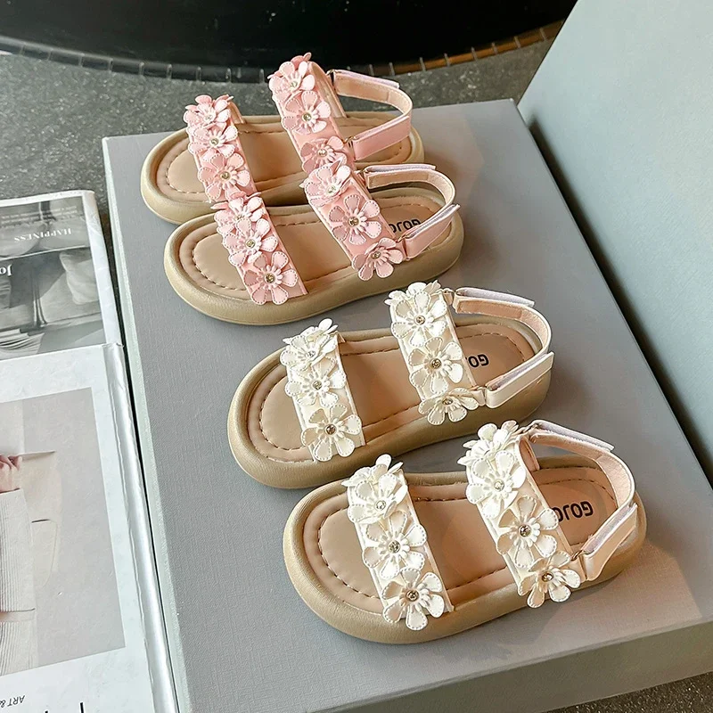 

Летние сандалии для девочек, розовые, бежевые, из искусственной кожи, массивные детские шлепанцы, пляжные гибкие детские тапочки на мягкой подошве, размеры 21-36