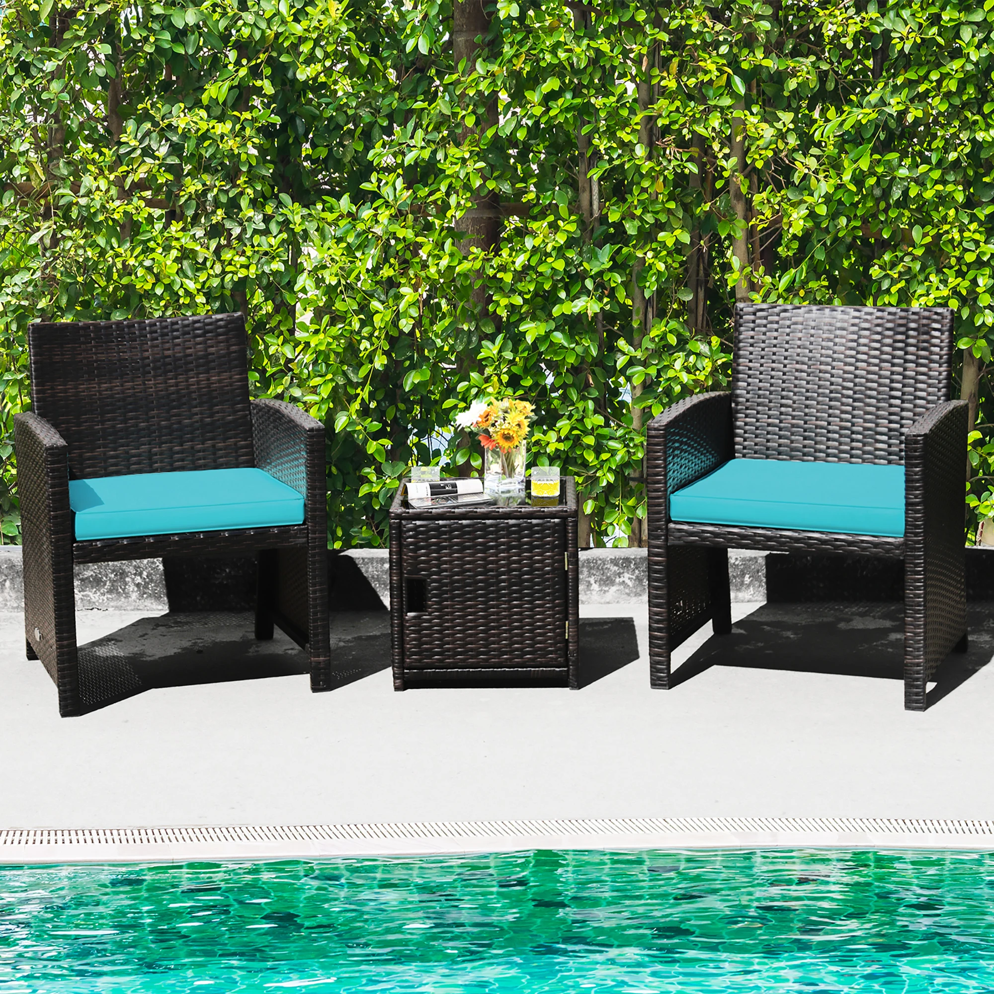 3PCS Patio Wicker Furniture Set Storage Table W/Protect Cover Turquoise