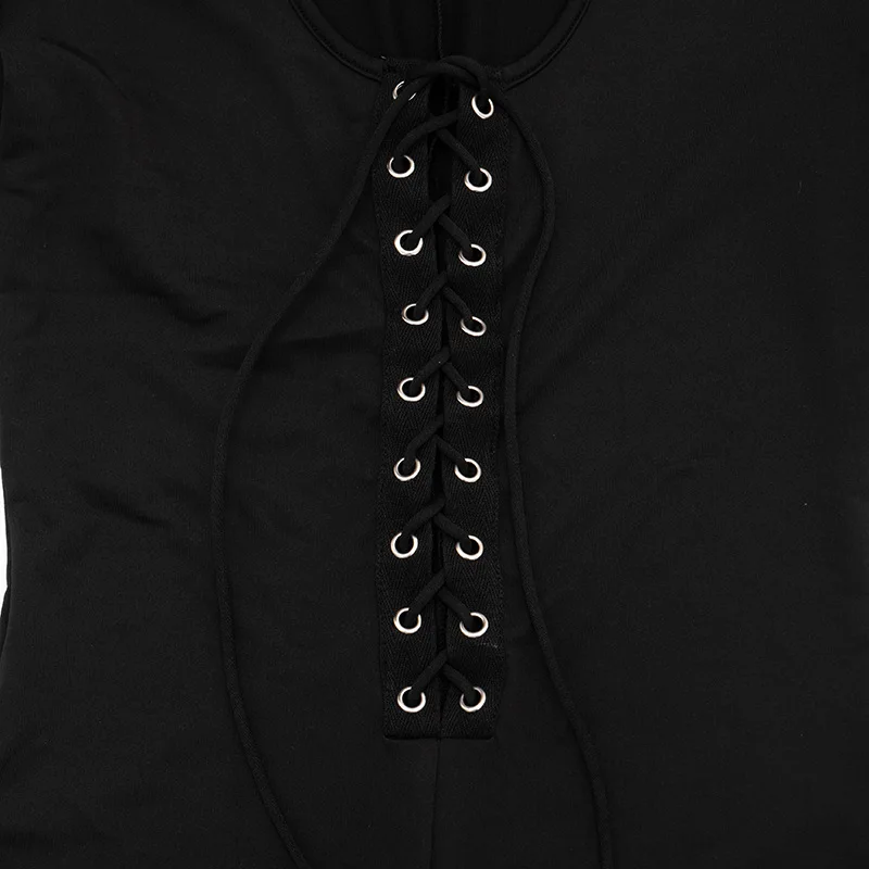 Schwarzer sexy, figurbetonter Jumpsuit mit tiefem V-Ausschnitt und Schnürung vorne, Damen-Jumpsuit mit langen Ärmeln, hochelastisch, figurbetont, Capri-Jumpsuit, Nachtclub-Party-Outfit – Detail 13