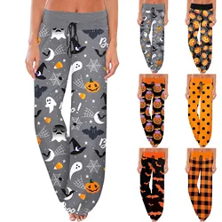 Women'S Drawstring Elastic Waistband Wide Leg Halloween Traf Official Store Pants Printed Casual Pants женская одежда Ropa