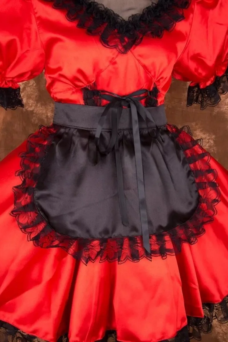 Sissy Red French Maid Dress Lockable Satin Black Lace Lace Apron Cosplay Halloween Costume Party Customized