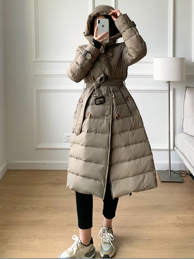 

MENINA BONITA 2022 Long Thick Belt Hooded Casual Loose Winter Women White Duck Down Jacket Coat Warm Outerwear Streetwear New