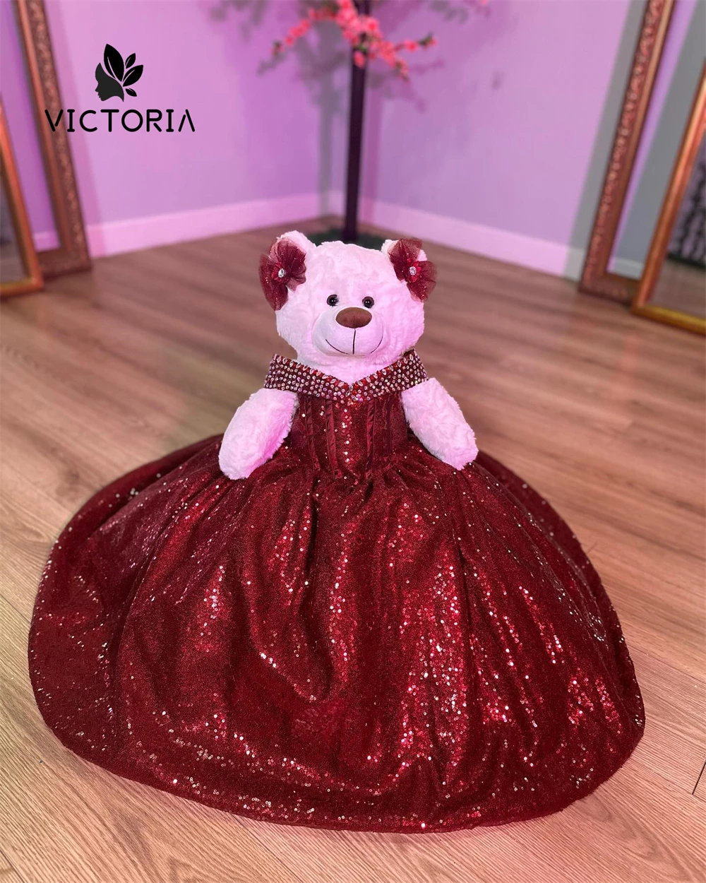 

Flamboyant Red Sequins Personalized Quinceanera Teddy Bear Dresses For Little Girls Beads Quince Bear Osito de Quinceanera