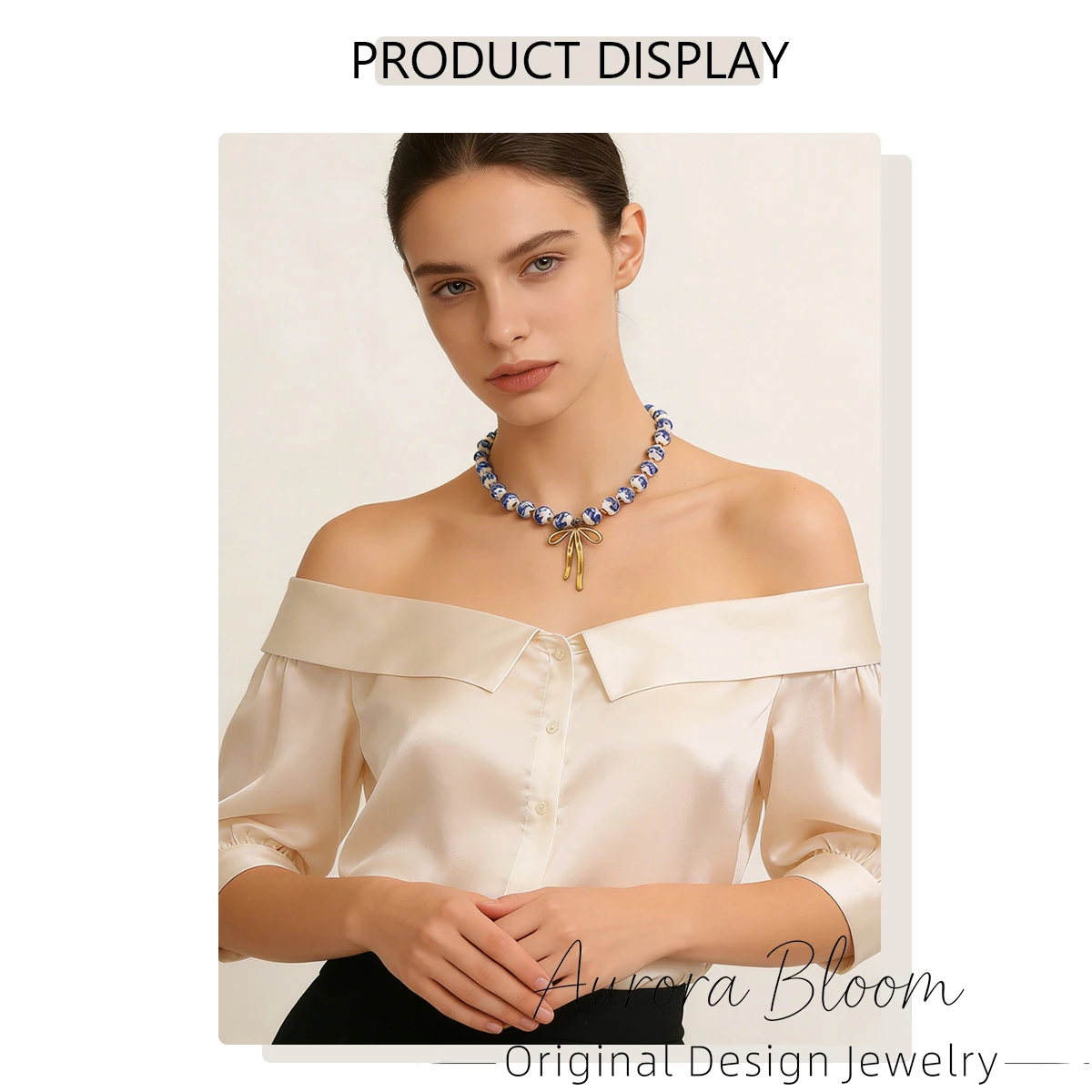 AURORA Vintage Ceramics Beaded String Chain Necklaces For Women's Stainless Steel Bow Pendant Necklace Women's Choker Necklace