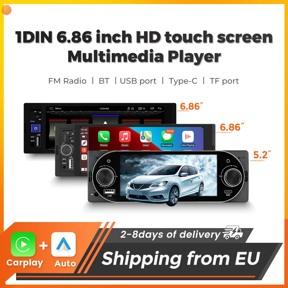 MEKEDE 5.2''/6.86'' Autoradio universel 1 Din avec CarPlay sans fil et Android Auto, lecteur multimédia MP5, écran tactile HD, Bluetooth, FM, USB Type-C, carte TF, Mirror Link, navigation GPS, divertissement intelligent, commande au volant, audio, expédition depuis l'UE