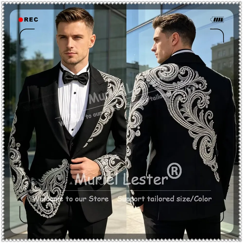 

Sparkling Diamond Men Suits For Wedding Prom Blazers Attitre 3 Pieces Groom Tuxedos Customized Man Outfits trajes para hombre