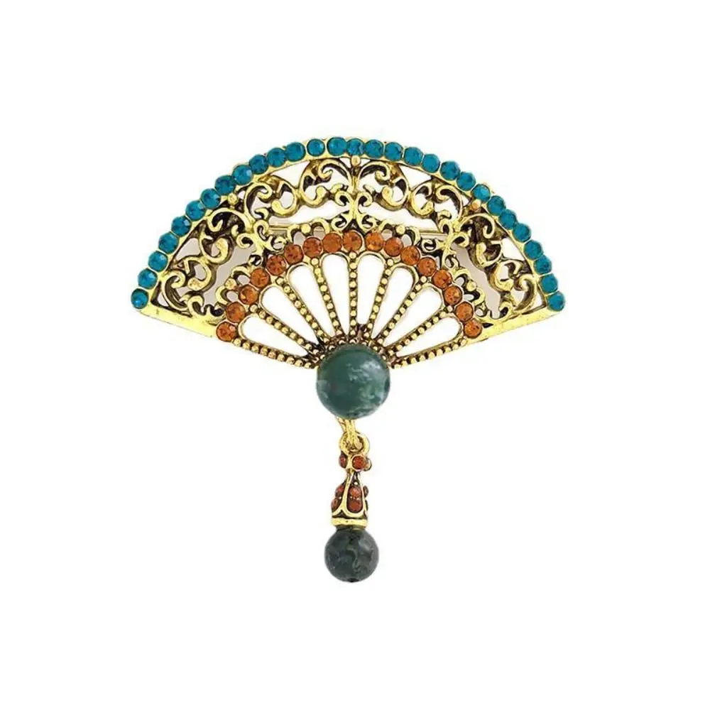 Elegant Retro Alloy Rhinestone Dripping Oil Gifts Women Brooch Enamel Fan Brooches Chinese Style Collar Pin Jewelry Accessories