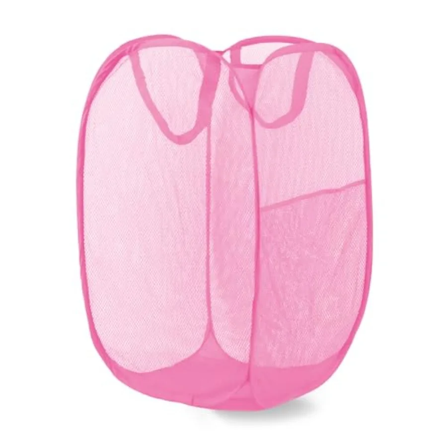 Pop Up Laundry Hamper, Mesh Laundry Basket Collapsible, Foldable Hamper for Travel and Storage Pink
