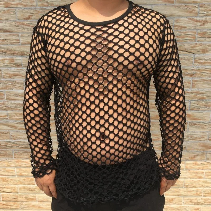 Sexy Hollow Out Black T Shirt for Men Long Sleeve Party Club Mesh T-shirts Casual Streetwear Slim Fit Top Tees Men\'s Clothing
